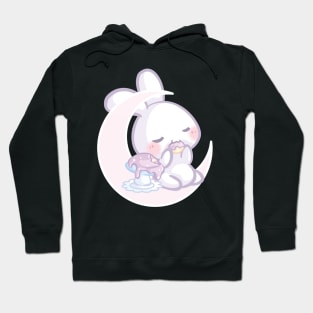 Bunny Sitting on the Moon Eating a Purple Mushroom Cake Hoodie